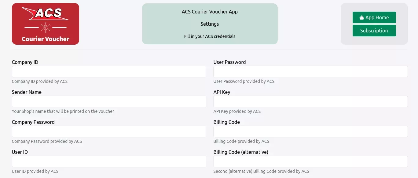 The ACS credentials on the settings page