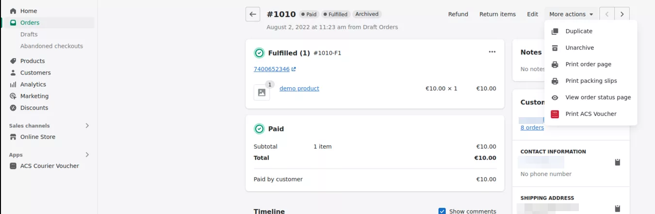 The More Actions menu on the order page