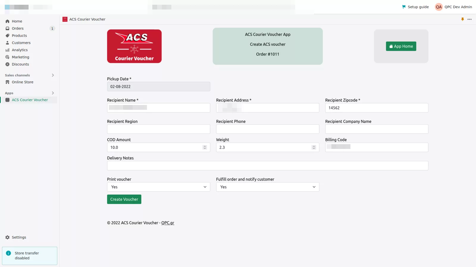 The voucher form