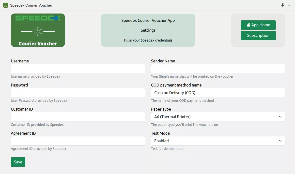 The app settings page