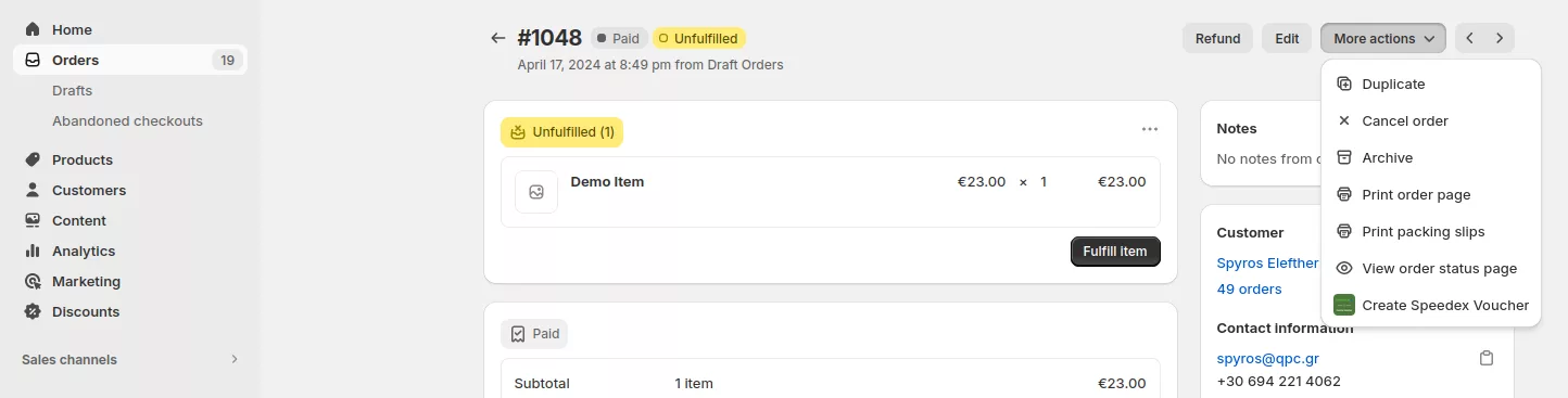 The More Actions menu on the order page